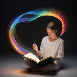 Generate an image of an individual deeply engrossed in reading a book filled with 'ideas' visibly flowing out from the open pages in the form of luminous, colored waves or streams.