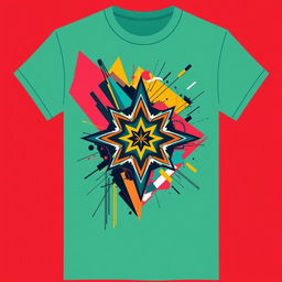 A trendy and modern t-shirt design featuring abstract geometric patterns with vibrant colors, incorporating elements of street art and digital aesthetics