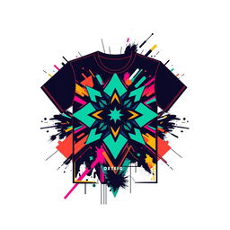 A trendy and modern t-shirt design featuring abstract geometric patterns with vibrant colors, incorporating elements of street art and digital aesthetics