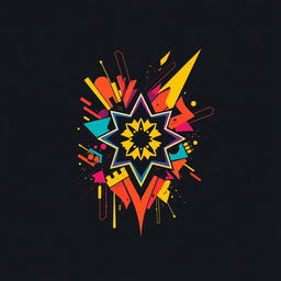 A trendy and modern t-shirt design featuring abstract geometric patterns with vibrant colors, incorporating elements of street art and digital aesthetics