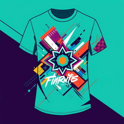 A trendy and modern t-shirt design featuring abstract geometric patterns with vibrant colors, incorporating elements of street art and digital aesthetics