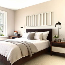 Modern and sophisticated bedroom design featuring crisp lines, minimalistic furniture, and neutral color palette