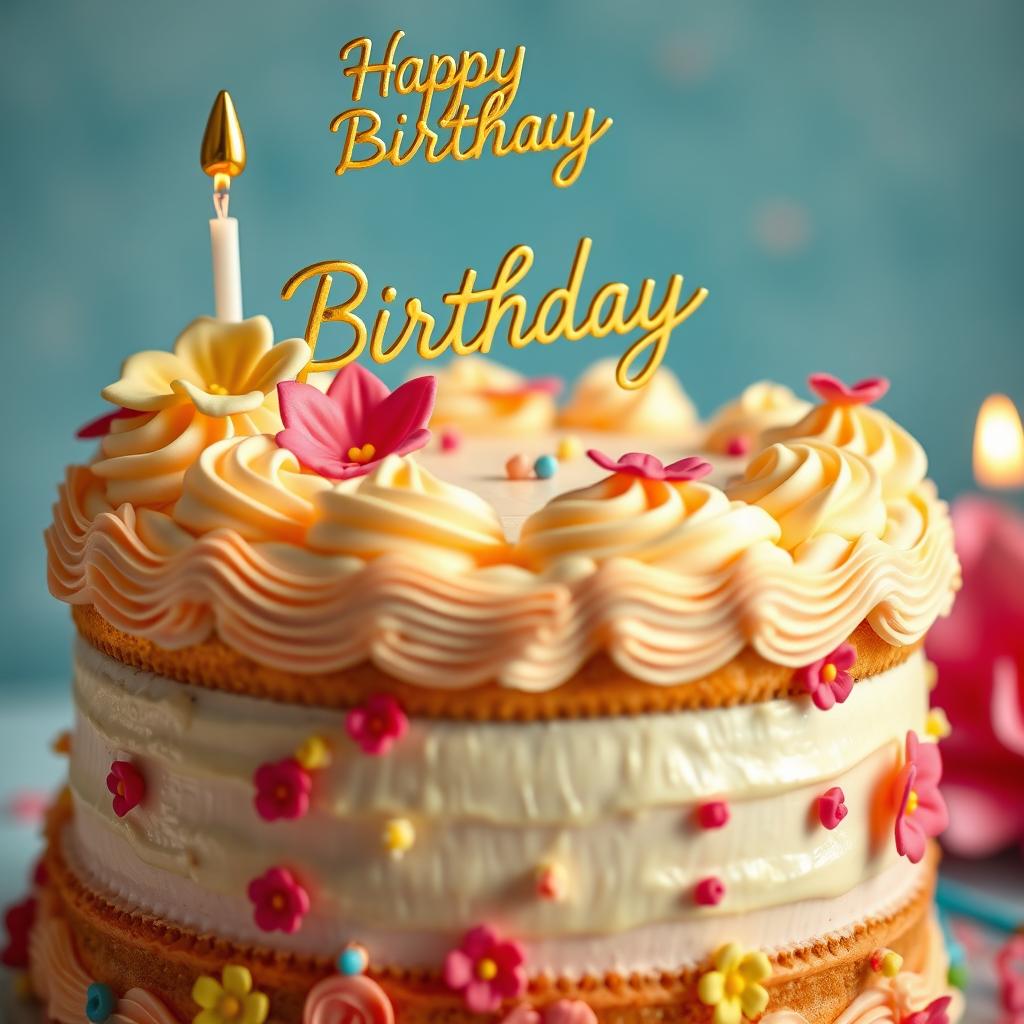 A hyper-realistic portrayal of a birthday cake, with intricate frosting details, vibrant colors, and delicate decorations