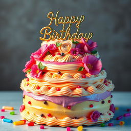 A hyper-realistic portrayal of a birthday cake, with intricate frosting details, vibrant colors, and delicate decorations