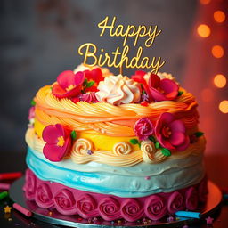 A hyper-realistic portrayal of a birthday cake, with intricate frosting details, vibrant colors, and delicate decorations