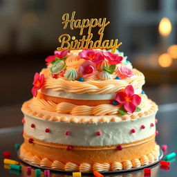 A hyper-realistic portrayal of a birthday cake, with intricate frosting details, vibrant colors, and delicate decorations