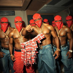 A group of muscular African American individuals styled as gang members, wearing red bandana masks and baggy jeans