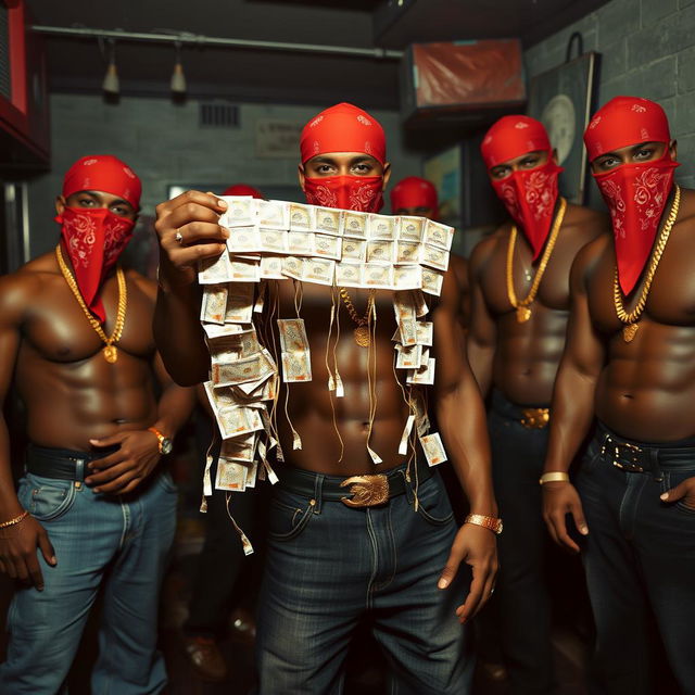 A group of muscular African American individuals styled as gang members, wearing red bandana masks and baggy jeans