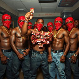 A group of muscular African American individuals styled as gang members, wearing red bandana masks and baggy jeans