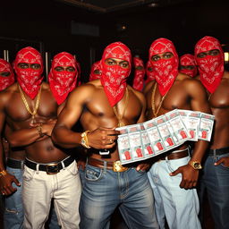 A gang of muscular African American individuals styled as gang members, each adorned in red bandana masks and baggy jeans