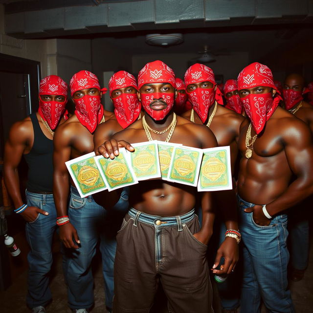 A gang of muscular African American individuals styled as gang members, each adorned in red bandana masks and baggy jeans