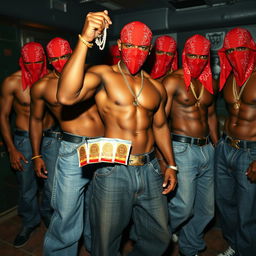 A gang of muscular African American individuals styled as gang members, each adorned in red bandana masks and baggy jeans