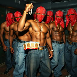 A gang of muscular African American individuals styled as gang members, each adorned in red bandana masks and baggy jeans