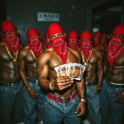 A gang of muscular African American individuals styled as gang members, each adorned in red bandana masks and baggy jeans