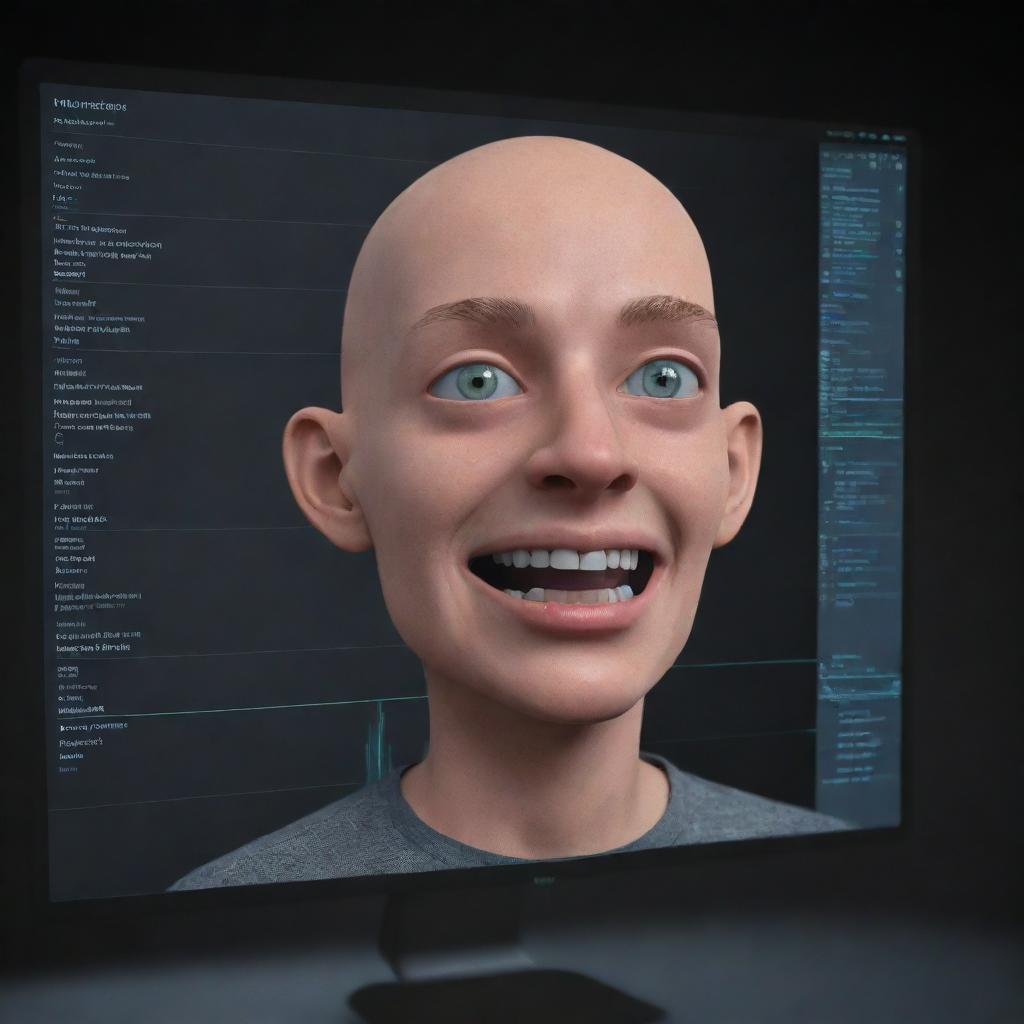 Generate an animated image of a monitor-like character with eyes and a mouth, displaying various evaluation metrics on its screen face, interacting with animated data streams.