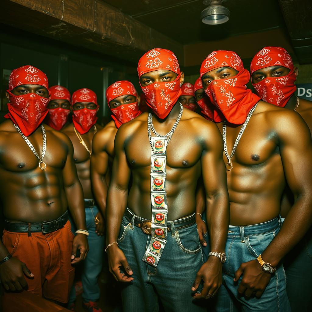 A close-up view of a gang of muscular African American individuals styled as gang members