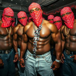 A close-up view of a gang of muscular African American individuals styled as gang members