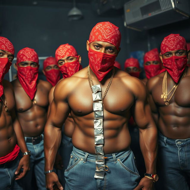 A close-up view of a gang of muscular African American individuals styled as gang members