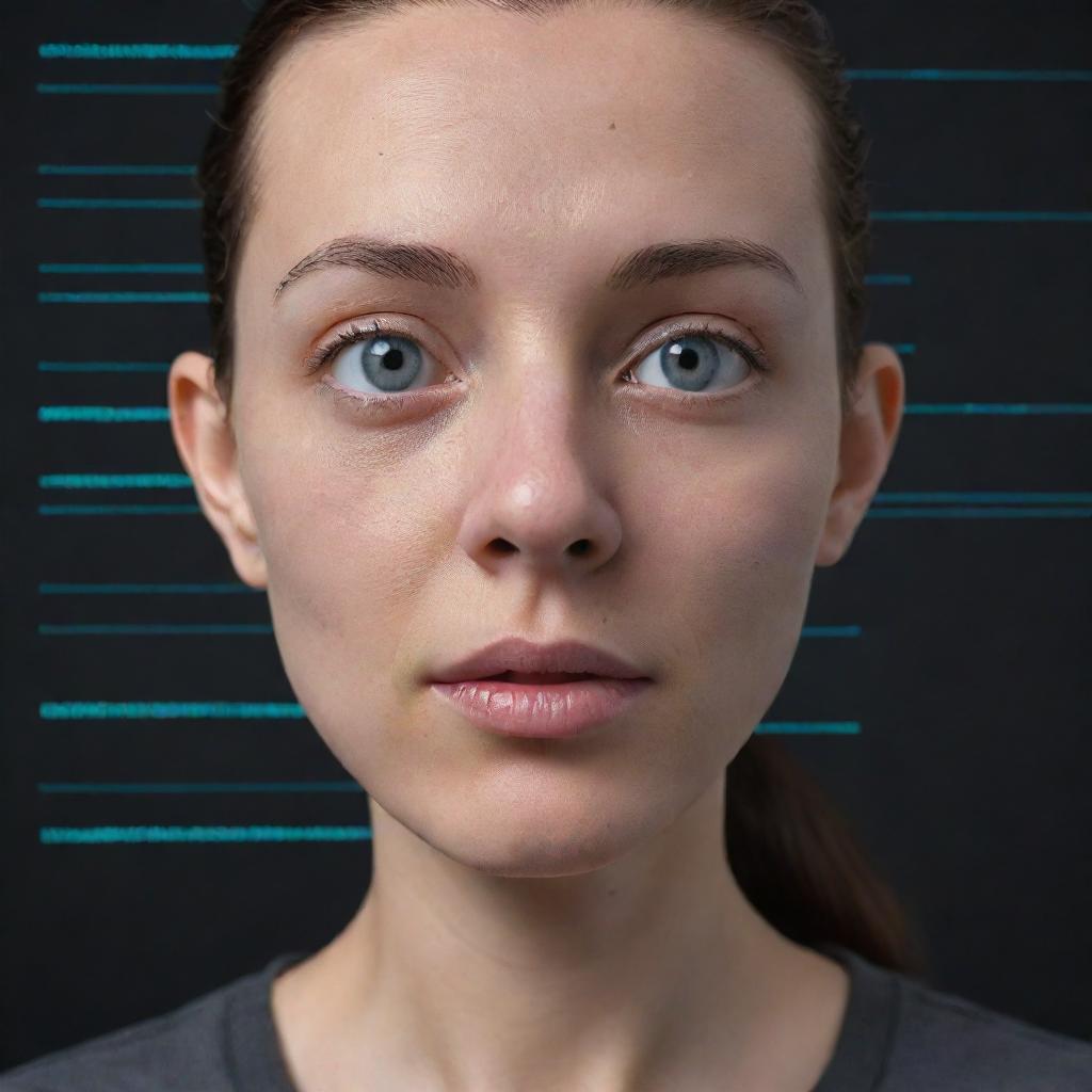 Generate an animated image of a monitor-like character with eyes and a mouth, displaying various evaluation metrics on its screen face, interacting with animated data streams.