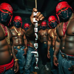 A close-up view of a gang of muscular African American individuals styled as gang members