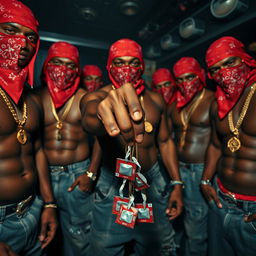 A close-up view of a gang of muscular African American individuals styled as gang members