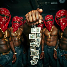 A close-up view of a gang of muscular African American individuals styled as gang members