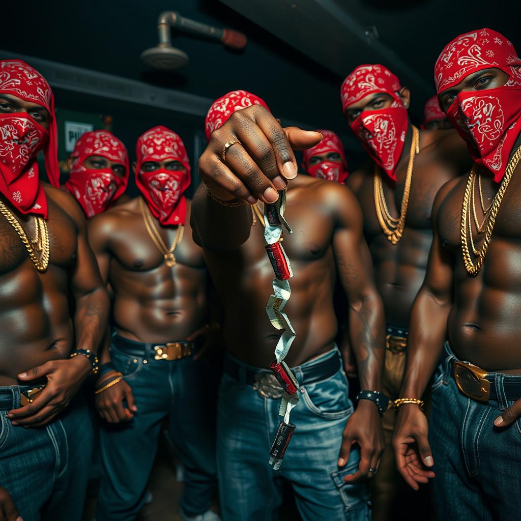 A close-up view of a gang of muscular African American individuals styled as gang members