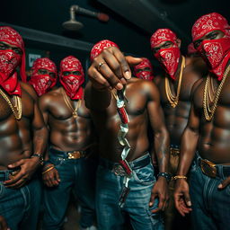 A close-up view of a gang of muscular African American individuals styled as gang members