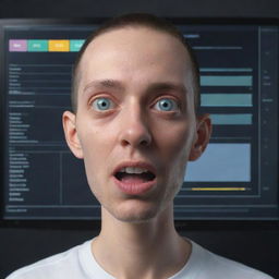 Generate an animated image of a monitor-like character with eyes and a mouth, displaying various evaluation metrics on its screen face, interacting with animated data streams.