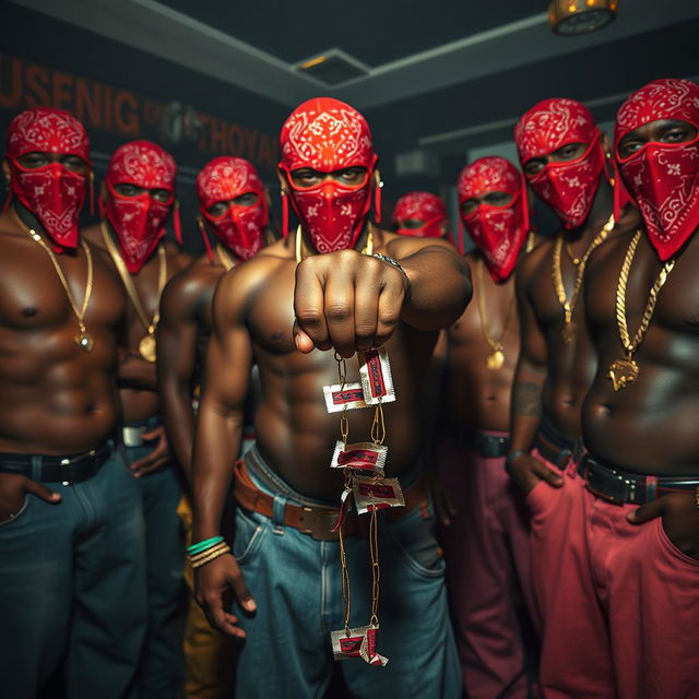 A close-up of a gang of muscular African American individuals styled as gang members, standing in a dimly lit, dingy club