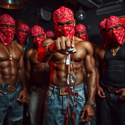 A close-up of a gang of muscular African American individuals styled as gang members, standing in a dimly lit, dingy club