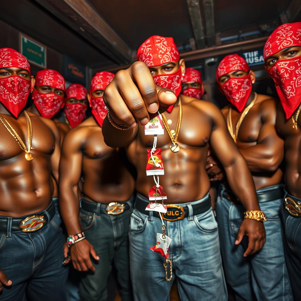 A close-up view of a gang of muscular African American individuals styled as gang members, each wearing red bandana masks, baggy jeans, and gold chains