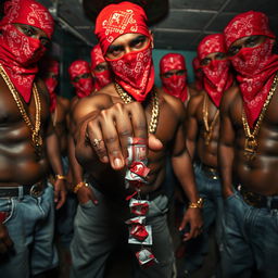 A close-up view of a gang of muscular African American individuals styled as gang members, each wearing red bandana masks, baggy jeans, and gold chains