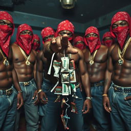 A close-up view of a gang of muscular African American individuals styled as gang members, each wearing red bandana masks, baggy jeans, and gold chains