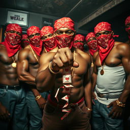 A close-up view of a gang of muscular African American individuals styled as gang members, each wearing red bandana masks, baggy jeans, and gold chains