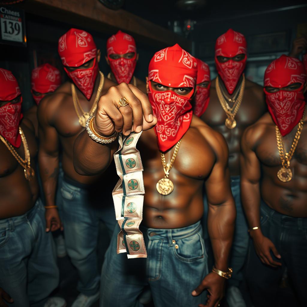 Close-up of a gang of muscular African American gang members, each wearing red bandana masks, baggy jeans, and adorned with gold chains