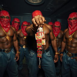 Close-up of a gang of muscular African American gang members, each wearing red bandana masks, baggy jeans, and adorned with gold chains