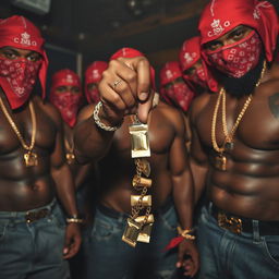 Close-up of a gang of muscular African American gang members, each wearing red bandana masks, baggy jeans, and adorned with gold chains