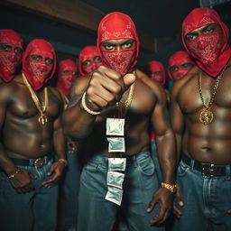 Close-up of a gang of muscular African American gang members, each wearing red bandana masks, baggy jeans, and adorned with gold chains