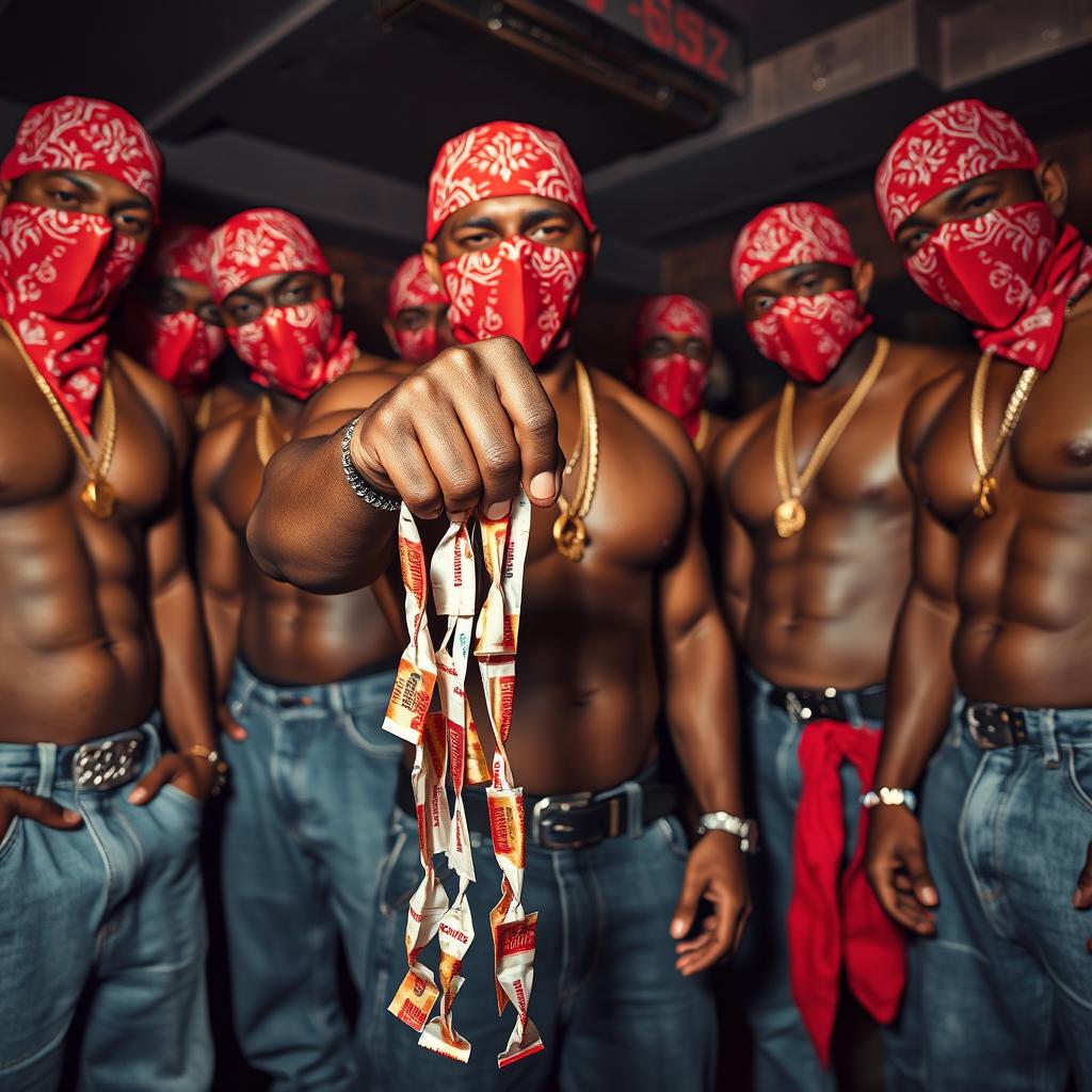 A close-up of a gang of muscular African American individuals styled as gang members