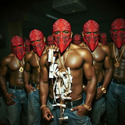 A close-up of a gang of muscular African American individuals styled as gang members