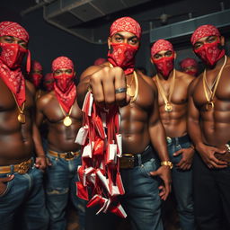 A close-up of a gang of muscular African American individuals styled as gang members