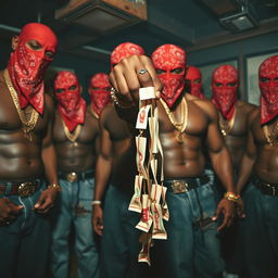 A close-up of a group of muscular African American gang members, each wearing red bandana masks, baggy jeans, and gold chains in the dim atmosphere of a dingy club