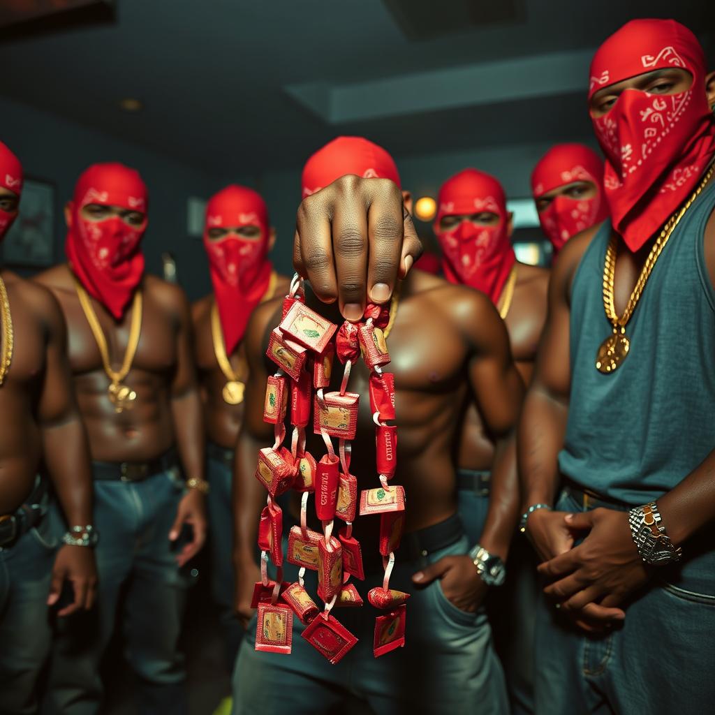 A close-up of a group of muscular African American gang members, each wearing red bandana masks, baggy jeans, and gold chains in the dim atmosphere of a dingy club