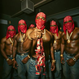 A close-up of a group of muscular African American gang members, each wearing red bandana masks, baggy jeans, and gold chains in the dim atmosphere of a dingy club