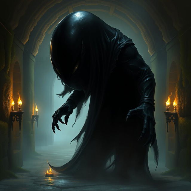 A dark, faceless plasmoid assassin from DnD, depicted as a shadowy mass in an enigmatic setting