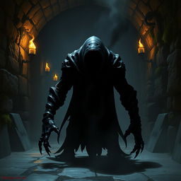 A dark, faceless plasmoid assassin from DnD, depicted as a shadowy mass in an enigmatic setting