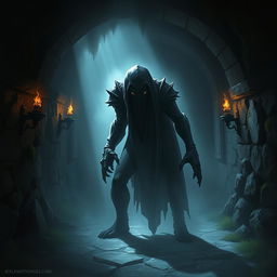 A dark, faceless plasmoid assassin from DnD, depicted as a shadowy mass in an enigmatic setting