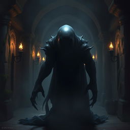 A dark, faceless plasmoid assassin from DnD, depicted as a shadowy mass in an enigmatic setting