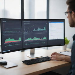 Generate an image of a modern computer monitor, displaying various graphs and metrics related to performance evaluation, possibly split-screen with a live dynamic process going on.